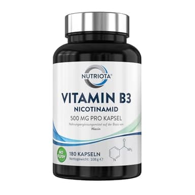 Vitamin B3 Nicotinamid 500 mg - 180 Hochdosiert Niacin-Kapseln ohne Flushing-Effekt (Flush Free) - Veganes Nicotinsäureamid Vitamin B3