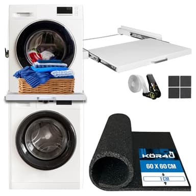 kör4u Premium Antivibrationsmatte 60x60x1cm & kör4u Zwischenbaurahmen weiß mit Ausziehplatte, Stahl, 60,5x54,5 cm inkl. Zurrgurt