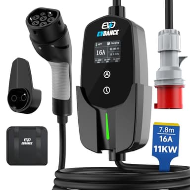 EVDANCE Mobile Wallbox/Ladestation 11kW [3-phasig|7.8m|6-16A] Typ 2 Ladekabel CEE 16A auf Typ 2 mit Einstellbarer Ladeleistung für Elektroauto, Schwarz
