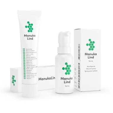 ManukaLind Wundheilspray (30ml) + Wundheilsalbe (15g) mit antibakteriellem Manuka-Honig (MGO 514+), für alle Phasen der Wundheilung, viele Wundarten, Fördert die Heilung schwerwiegender Wunden