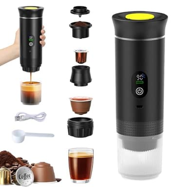 DAJASD 3-in-1 Tragbare Akku Kaffeemaschine mit Display, 12v Tragbare Espressomaschine mit USB, Kaffeemaschine Auto Espressomaschine, Kapseln & Gemahlener Kaffee für Reise Camping Wohnmobil(Schwarz)