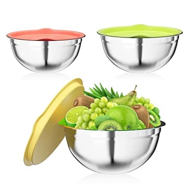 Newpop salatschüssel 3er-Set, rührschüssel aus Edelstahl mit luftdichtem Deckel, 2.5L / 2L / 1.4L kitchenaid schüssel sind stapelbar und spülmaschinenfest, schüssel set zum Mischen und Servieren