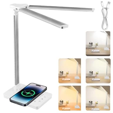 Dual Swing Arm LED Schreibtischlampe - Schreibtischlampe LED 10W Dimmbar mit Augenschutz, 5 Farben 10 Helligkeitsstufen mit Ladefunktion Timer-Funktion Memory Lesemodus Tischlampe Büro Arbeit Lektüre