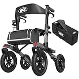 VOCIC Rollator Faltbar und Leicht mit Sitz,Outdoor Rollator mit Gummi-Nonluftbereifung für Allen Gelände,Aluminium Höhenverstellbare Rollatoren für Draußen&Langlauf&Reisen,Grau(5 Jahre Garantie)
