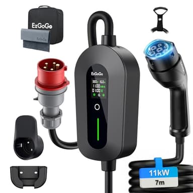 EzGoGo Mobile Wallbox 11kW Ladegerät Typ 2 (3-phasig) mit 7m Ladekabel CEE 16A auf Typ 2 | EV Ladestation mit Einstellbarer Stromstärke [6/8/10/13/16A] | Hochwertiger IP65 Schutz | Für EVs & PHEVs