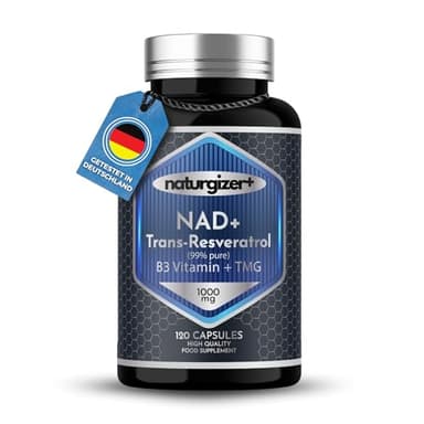 NAD Plus (NAD) Kapseln mit Trans-Resveratrol, Niacinamid & TMG | 1000 mg Tagesdosis | Formel-Komplex mit hohem Reinheitsstandard | 120 Kapseln | Naturgizer+
