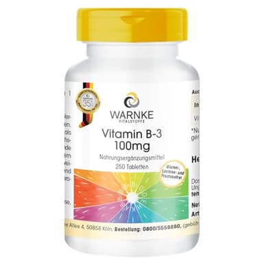 Vitamin B3 100mg - 250 Tabletten - 100mg Vitamin B3 Niacin pro Tablette - Nicotinamid - HOCHDOSIERT - Deutsche Apothekenqualität - vegan | Warnke Vitalstoffe