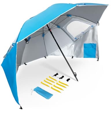 Pincho Großer Strandschirm, 220 cm, mit Sonnenschutz, UV50+, winddicht, wasserdicht, atmungsaktiv, 3 Positionen, Montage mit Flügeln und Fenstern, inklusive Heringe, Verankerung