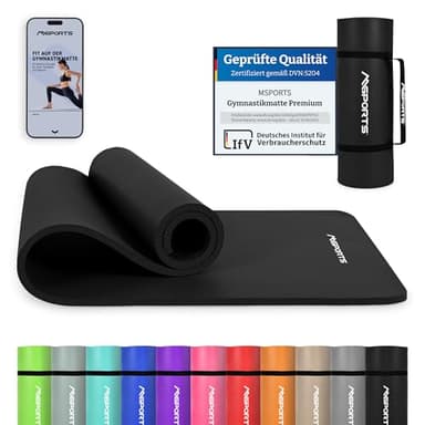 MSPORTS Gymnastikmatte Premium inkl. Tragegurt + Übungsposter + Workout App I Hautfreundliche Fitnessmatte 190 x 80 x 1,5 cm - Schwarz-Matt - Phthalatfreie Yogamatte