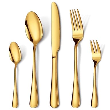 HONKKU Besteck Set 6 Personen, 30 Teilig Gold Besteckset mit Messer Gabel Löffel, Essbesteck Set Edelstahl Spiegelpoliert, Spülmaschinenfest