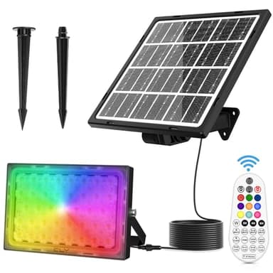 CLV Solar RGB Strahler, RGB Solarleuchte mit Fernbedienung IP66 Solarlampen 10 Farben 30 Dynamische Modi Dimmbar Flutlicht Timer Memory-Funktion Farbwechsel für Garten Party Halloween Weihnachten