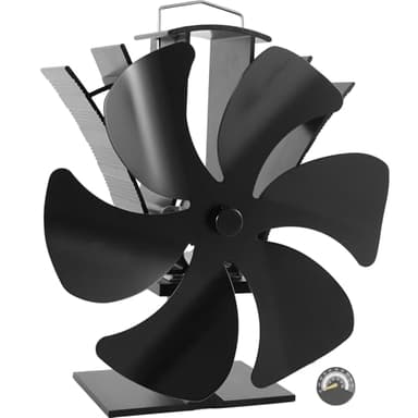 HAWCAFU 6-Blatt Ofenventilator Ohne Strom – Wärmebetriebener Kaminlüfter mit Thermometer, Leiser Betrieb Kaminventilator, Kompatibel mit Holz-, Kamin- & Pelletofen