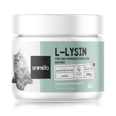 animigo L-Lysin für Katzen - 250g Pulver - Essenzielle Aminosäure L Lysin - Inklusive Messlöffel - Frei von Gluten & Laktose - Für jeden Alters - Ergänzungsfuttermittel für Katzen