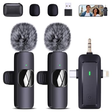 QINOJA Wireless Lavalier Mikrofon für iPhone/Handy/Kamera/Computer - 4 in 1 Ansteckmikrofon Kabellos mit Windschutz für Videoaufzeichnung, Live-Streaming, Vlog, TikTok