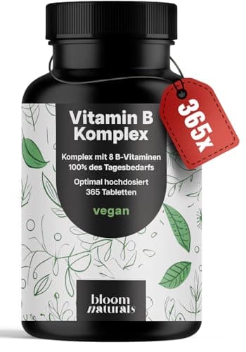 Vitamin B Komplex hochdosiert - 365 Tabletten - Mit 8 B-Vitaminen (B1, B2, B3, B5, B6, B7, B9, B12) mit Co-Faktoren Cholin & Myo-Inositol, 100% Tagesbedarf - Vegan & produziert in Deutschland