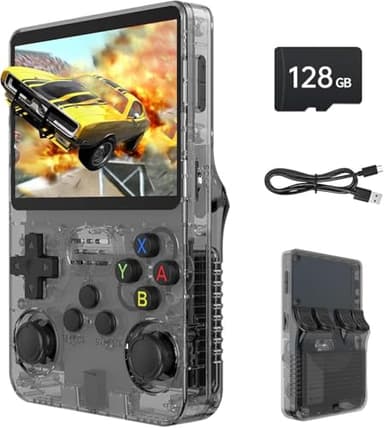 R36S Retro-Handheld-Spielkonsole, 3,5-Zoll-IPS-Bildschirm, 128 GB Speicher, über 40.000 Klassische Spiele, 3500-mAh-Akku, Linux-System, über 30 Emulatoren (schwarz)