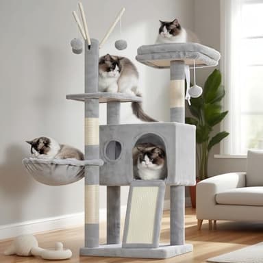 Hey-brother Kratzbaum, 105 cm Klein stabil Katzenbaum mit abnehmbaren Spielzeugen, Höhle, 1 Plattform, 1 Katzenkorb, Sisalkratzplatte und Plüschkugel, geeignet für Kätzchen, Hellgrau EMPJ008SW