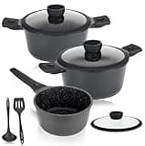 DIVORY Topfset - 8-tlg abnehmbare Griffe - Stielkasserolle 18cm, Kochtopf 20cm, Topf 24cm mit Deckel, Induktion Kochtöpfe, beschichtete Töpfe, Spülmaschinenfest & Backofenfest