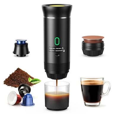 3 in 1 12V Akku Kaffeemaschine, Tragbare Kaffeemaschine, Auto Espressomaschine mit USB, Kompatibel mit kapsel und gemahlener Kaffee, 5 Minuten Schnelles Erhitzen, für camping und wohnmobil gadgets
