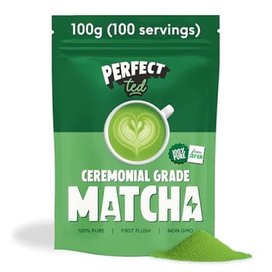 Perfect Ted Matcha-Pulver – 100 g japanischer Grüntee in Zeremonienqualität – Enthält L-Theanin-Konzentrationshilfe – Perfect Ted Matcha für vegane, glutenfreie Lattes und Smoothies – Matcha-Kraftstof