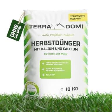 TerraDomi Rasendünger Herbst 10kg für 250m² | ohne Chlorid | Kalium Dünger für starke Wurzeln macht den Rasen winterfest | fördert Langzeitwirkung | streuwagengeeignet | Herbstdünger Rasen