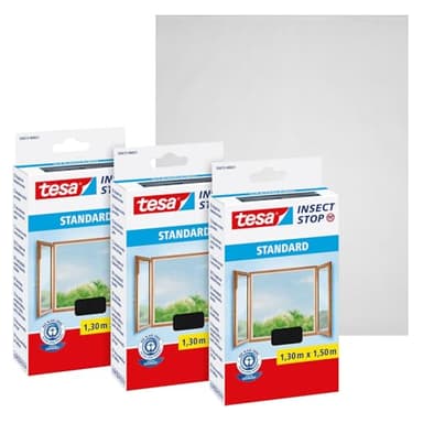 tesa Insect Stop Standard Fliegengitter für Fenster im 3er Pack - Insektenschutz zuschneidbar - Mückenschutz ohne Bohren - 3 x Fliegen Netz - 130 cm x 150 cm - Anthrazit