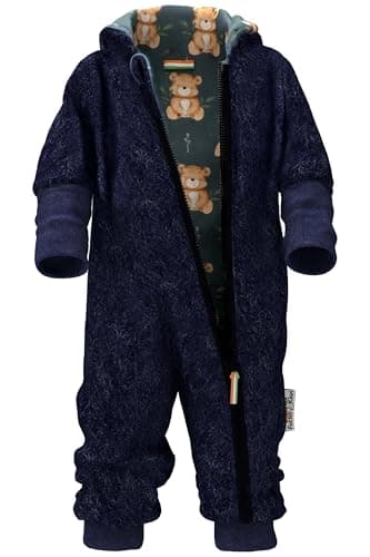 Fuchs & Kiwi Walkoverall Baby Jungen - Natur Schurwolle & Jersey Futter – Öko-Tex, Hautfreundlich – Handmade in Berlin – Wollwalk Overall Baby & Kleinkind (Blau mit Teddybär, 74-80)