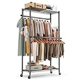 HOKEEPER Doppelter Kleiderständer auf Rollen, Höhenverstellbaren Regalen, 181kg Schwerlast Kleiderstange mit 2 Haken, Metall Garderobe mit Aufhängestangen 97 x 56.8 x190cm, Schwarz