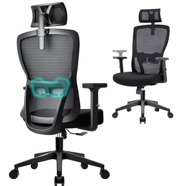 Durrafy Ergonomischer Bürostuhl, Schreibtischstuhl Höhenverstellbar, Drehstuhl mit Verstellbarer Lendenwirbelstütze und Kopfstütze, 90°-130°Liegefunktion, Bürostuhl bis 150 kg Belastbar, Schwarz