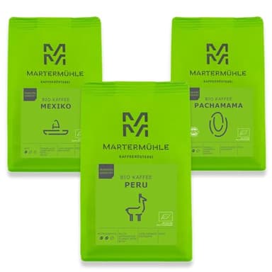Martermühle Bio Kaffeebohnen Probierset 3x250g mild/mittelkräftig I Arabica I Ganze Bio Kaffee-Bohnen schonend geröstet, säurearm (68/74/426)