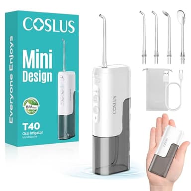 COSLUS Mini Elektrische Munddusche für Unterwegs: 4 Modi Kompaktes Design Abnehmbarer Wassertank für einfache Reinigung, Tragbarer Dental Irrigator für Zahnzwischenraum Reinigung & Travel T40 Weiß