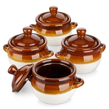 LOVECASA Onion Soup Bowls, French Onion Soup Crocks, 4 Stück Steingut Suppenschalen mit Deckel, 660ml Suppentassen mit Henkel für Zwiebelsuppe, Eintöpfe, Kasserolle