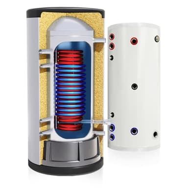 TECHGLOBE - Brauchwasserspeicher mit 2 Wärmetauscher (1.8 + 2.4 m²) - Komplett aus Edelstahl - Energieeffizient Warmwasserspeicher- mit 50mm Isolierung (200 L)