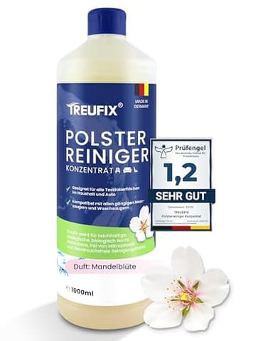 Treufix - Polsterreiniger Konzentrat für Sofa, Couch & Matratzen - Effektives Teppich Reinigungsmittel 1L - Geeignet für Waschsauger, Nasssauger und Handreinigung - Made in DE- Mandelblüte