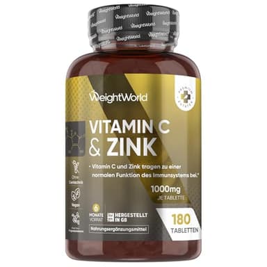 Vitamin C Zink Tabletten - 1000mg - 6 Monate Vorrat - 180 vegane Stück mit Ascorbinsäure & Zinkbisglycinat - Alternative zu Vitamin C Kapseln & Pulver - Täglich 1 Tablette - Vit C von WeightWorld