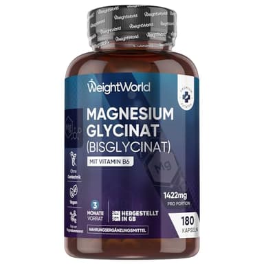 Magnesium Bisglycinat Kapseln - 1422mg Magnesiumbisglycinat mit Vitamin B6-200mg elementes Magnesium - Glycinat Form - 180 vegane Kapseln - 3 Monate Vorrat - Frei von Magnesiumstearat - WeightWorld