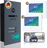 MATHFEL 2 Familienhaus 2 Draht Bus WLAN Video-Türsprechanlage, 7 Zoll Monitor mit Full HD 2 Megapixel 170 Grad Weitwinkelkamera -Außenstation in Anthrazit mit Fingerprint (2x7'' Monitore)