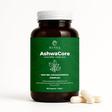AshwaCore | Ashwagandha KSM-66® 600 mg mit Zink & Vitamin B6 | Pflanzenextrakt aus Wurzelbasis mit ausgewählten Mikronährstoffen | Laborgeprüft in Deutschland | 180 Kapseln
