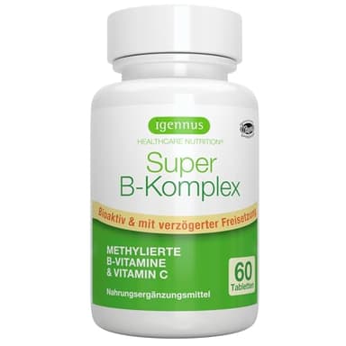 Igennus Super B Komplex Hochdosierter Methylierter B-Vitamin Komplex, 60 Tabletten, mit vollständigem Spektrum an B-Vitaminen, Methylcobalamin, Methylfolat & Vitamin C, Clean Label, Vegan