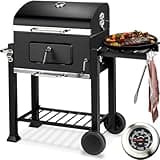 tectake® Holzkohlegrill mit Thermometer, Smoker mit Deckel, klappbare Seitenablage mit Haken, Holzkohle Grill mit höhenverstellbarer Holzkohlewanne, fahrbarer Grillwagen, BBQ-Grill mit Ascheschublade