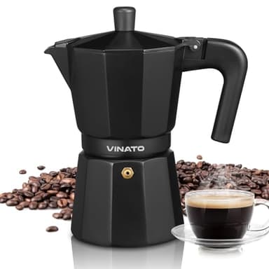VINATO Espressokocher, Aluminium Espressokocher für die Herdplatte, Italienische Kaffeekocher, Kaffeekocher Camping, Moka-Kanne 6 Tassen, mit Sicherheitsventil, Schwarz, Nicht Induktion Geeignet