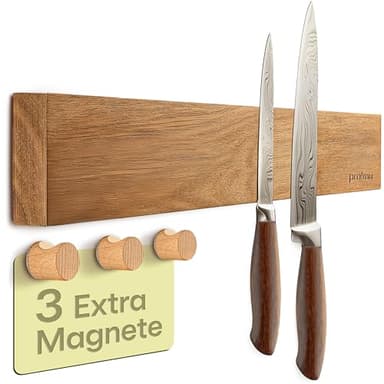 Praknu Magnetleiste für Messer Selbstklebend - 40 cm Akazienholz – Mit 3 Organizer Magnet Haken – Wand Magnetische Messerleiste für bis zu 8 Messer Schwere Messer