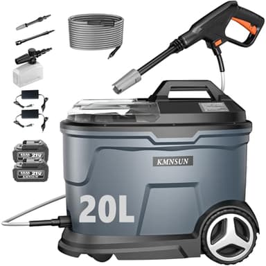 KMNSUN Akku hochdruckreiniger, 20 L hochdruckreiniger mit wassertank, debiet: 4 L/min, max. 60 bar, nachhaltige Arbeit: 40-45 Minuten, 4000 mAh accu x 2, Ladegerät x 2, schuimsproeier, 5 m Slang