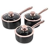 Tower T800001RB Linear Roségold 3-tlg. Topfset - Topfset Beschichtet Antihaft Kochtöpfe in 16cm, 18cm und 20cm - Schwarz und Roségold