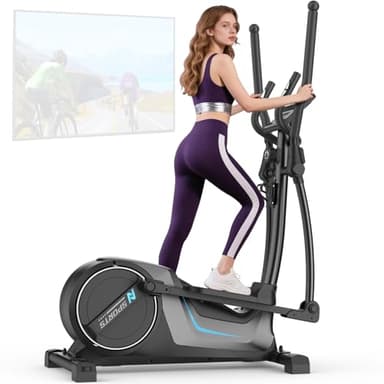 Neezee Crosstrainer für Zuhause, Ultraleiser Ellipsentrainer mit 16 Widerstandsstufen, 8 kg Schwungrad, 16,5 Zoll Schrittlänge, Belastbar Bis 150 kg, LCD-Display, Pulssensoren, App-kompatibel