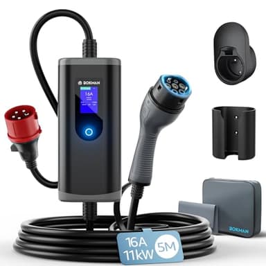 bokman Typ 2 Ladekabel mit CEE Stecker, 5 Meter | 6-16A | 11kW | 3-Phasig | IP65 Wasserdicht, Tragbares EV-Ladegerät und Mobile Wallbox Ladestation für IEC 62196-2 mit Tragetasche & Mikrofaserhandtuch
