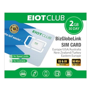 EIOTCLUB Globale SIM-Karte, 2GB Daten | 30 Tage, 5G/4G Prepaid Reise-SIM für EU (33 Länder) + USA/Australien/Neuseeland/Turkei, Ohne Vertrag, Aufladbar, für Handys, Router, Hotspot, NUR Daten