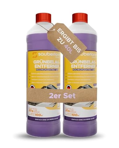 sauberland® Grünbelagentferner 2L [Konzentrat für 40L] – Selbsttätige Entfernung von Grünspan, Moos, Algen & Flechten uvm. | Steinreiniger für Terrassen, Steine, Fassaden, Dächer | Chlor- & Säurefrei