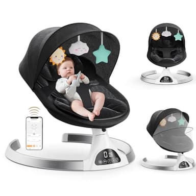 Ixdregan Babywippe Elektrisch - App & Fernbedienung Babyschaukel Elektrisch Mit 3 Timer, 5 Schaukelgeschwindigkeiten, 10 Musik, Bluetooth Verbindung Weich Gepolstert Baby Wippe (Schwarz)