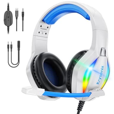 Krysenix PG1 RGB Gaming Headset für PS4, PS5, PC, Xbox,Switch, Kabel Gaming Kopfhörer mit LED Licht, Over Ear Computer Headset mit Noise Cancelling Mikrofon und 3,5 mm Klinke,Hell Blau